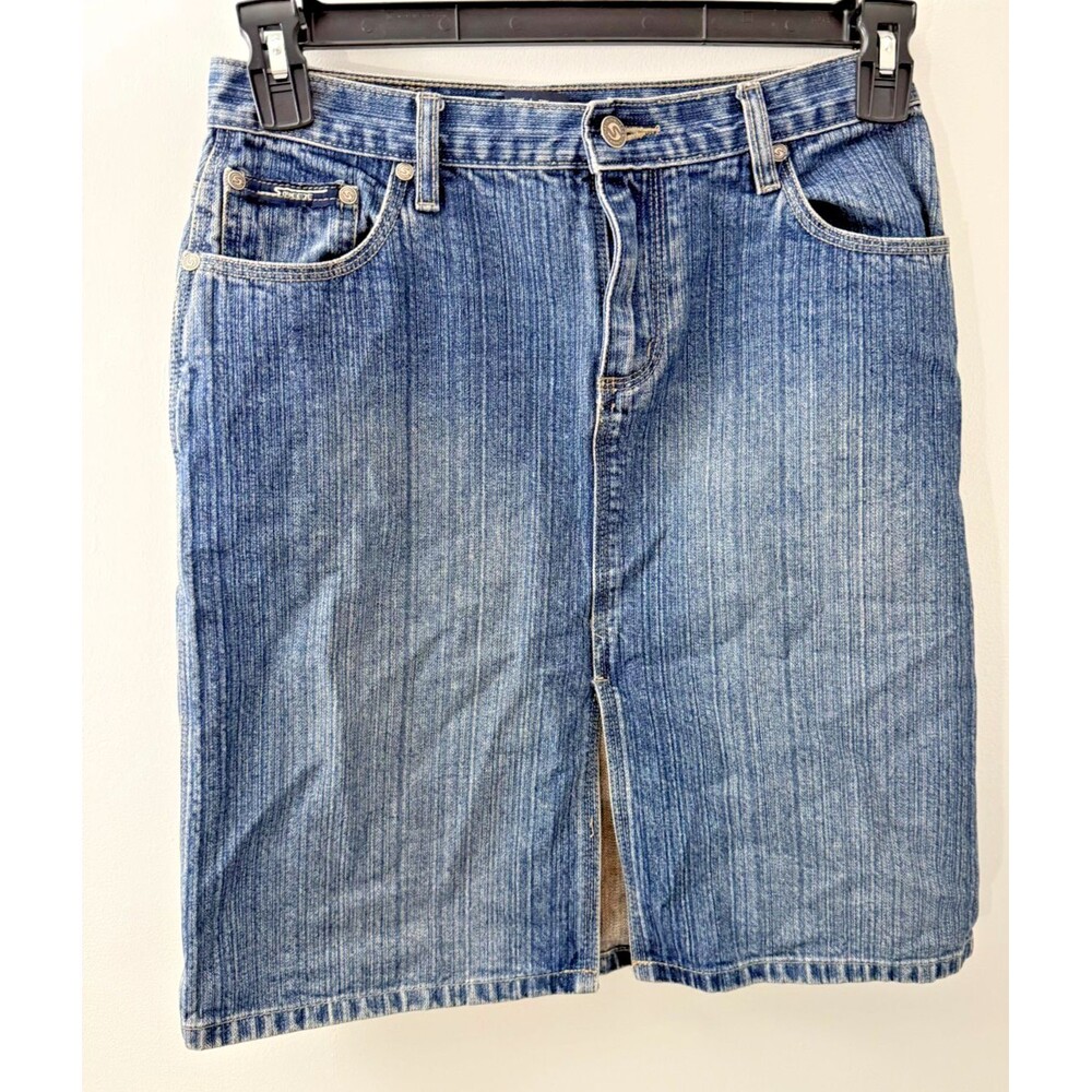 Stephen Hardy Denim Jean Skirt Knee Length Vintage Squeeze Front Sexy Slit 7/8